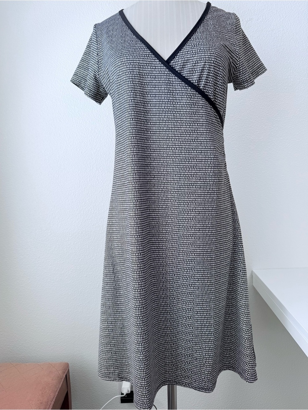 prAna Excellence Faux Wrap Midi A-Line Dress-Black | White-Size S Short Sleeve